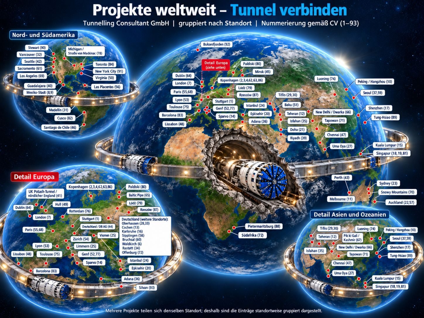 Weltkarte: Projekte weltweit von Dr. Rehm / Tunnelling Consultant GmbH