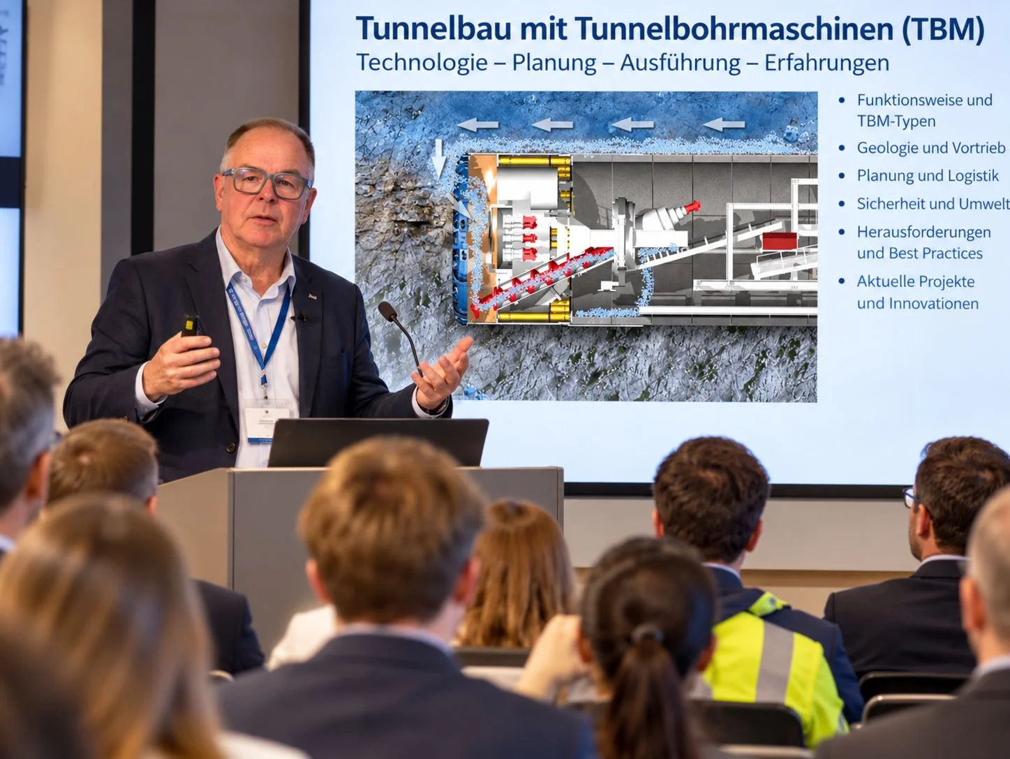Dr. Rehm hält einen Workshop-Vortrag zum Tunnelbau mit Tunnelbohrmaschinen
